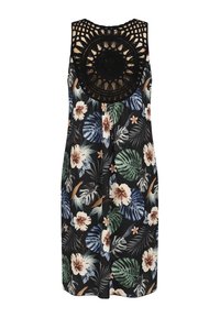 Ærmeløs kjole med blomsterprint, der har et sort hæklepanel på ryggen samt markante blad- og blomster-motiver i grøn, blå og beige på sort baggrund.