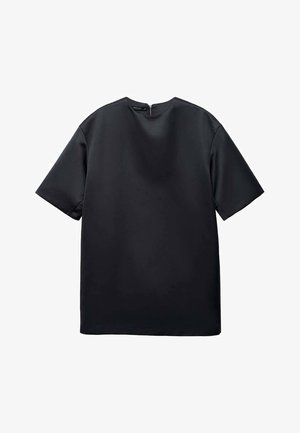 Czarny krótki top z krótkim rękawem, okrągłym dekoltem i zamkiem błyskawicznym z tyłu. Gładki, matowy materiał w luźnym kroju, bez wzorów i ozdób.