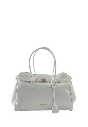 Borsa a mano in pelle bianca con doppi manici, chiusura dorata, piccolo coprilucchetto e nome del marchio discretamente impresso sulla parte frontale.