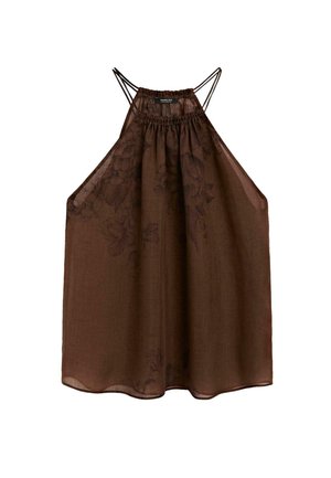Top marrone senza maniche realizzato in tessuto leggero, con scollatura arricciata e stampa floreale. Spalline sottili regolabili e design fluido.