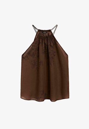 Brauner ärmelloser Top aus leichtem Gewebe mit gerafftem Halsausschnitt und Blumenmuster. Verstellbare dünne Träger und luftiges Design.