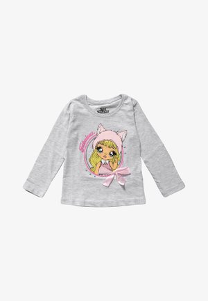 Light gray long-sleeve toddler shirt with cartoon girl wearing a pink hat with cat ears, "Fabulous" text, and a pink satin bow decoration.