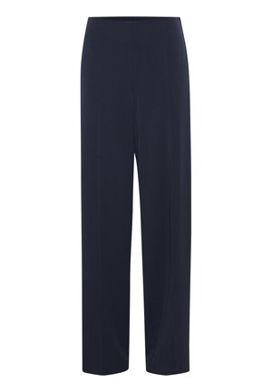 Marineblaue, weit geschnittene Hosen aus glattem Stoff, mit hohem Bund und ohne sichtbare Nähte. Sauberes und minimalistisches Design.