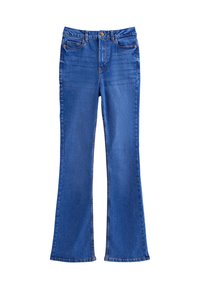 Jeans in denim blu con taglio bootcut, tasche anteriori e posteriori, passanti per cintura e chiusura con bottone in vita.