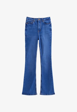 Blauwe spijkerbootcut jeans met voor- en achterzakken, riemlussen en een knoopsluiting bij de taille.