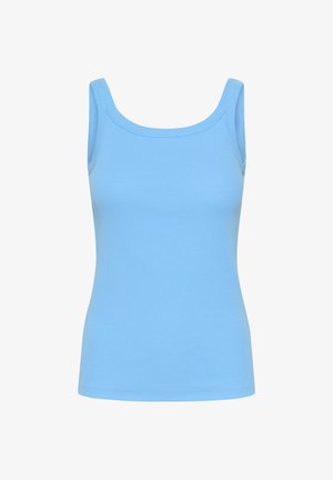 Šviesiai mėlynas, lieknas marškinėliai be rankovių iš gofražinės medžiagos, turintys apvalų iškirptę, siaurus petnešėles ir tiesią apačią.