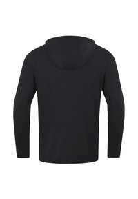 Felpa nera a maniche lunghe con cappuccio regolabile, caratterizzata da una texture liscia e cuciture piatte. Design semplice e minimalista senza loghi o dettagli.
