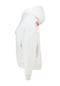 Sudadera gris clara con un bolsillo frontal, puños acanalados y capucha con cordón. Presenta bordado rojo en el hombro izquierdo delantero.