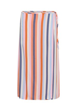 Jupe portefeuille longueur genou à rayures verticales orange, rose, bleu et crème, avec fermeture à nouer latérale.