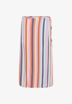 Jupe portefeuille longueur genou à rayures verticales orange, rose, bleu et crème, avec fermeture à nouer latérale.