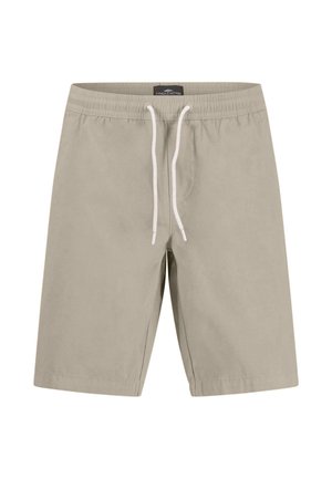 Beige shorts van lichtgewicht stof met een elastische tailleband, witte trekkoord en rechte snit, met zijzakken.