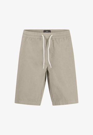 Beige šorti, kas izgatavoti no viegla auduma, ar elastīgu jostu, baltu auklu un taisnu piegriezumu, ar sānu kabatām.