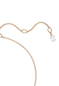 Rosaguld kædeden med oktagonale led og en klar, rektangulær vedhæng i enden, der viser en poleret overflade.