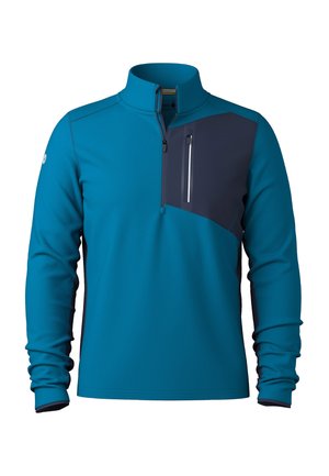 Teal pullover med en mock neck, lynlåsåbning foran og marineblå brystpanel. Har en lynlåslomme og kontrasterende mørke kanter på ærmerne.