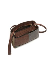 Borsa a mano in pelle e tessuto con una combinazione di colori marrone e grigio, dotata di due scomparti, zip dorate e una tracolla rimovibile.