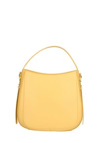 Borsa a mano gialla in pelle con design curvo, superficie piatta e manico singolo. Presenta una trama liscia con cuciture minime e senza accenti in metallo.