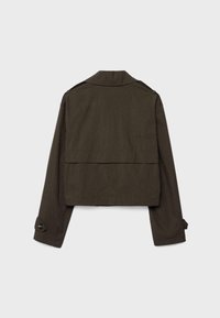 Dark olive cropped jacket with long sleeves, buttoned cuffs, and a back yoke seam, shown from the back on a plain background.