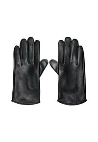 Een paar zwarte leren handschoenen plat neergelegd met uitgestrekte vingers, waarbij de voorkant van elke handschoen zichtbaar is tegen een witte achtergrond.