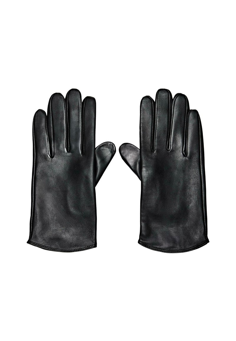 Een paar zwarte leren handschoenen plat neergelegd met uitgestrekte vingers, waarbij de voorkant van elke handschoen zichtbaar is tegen een witte achtergrond.