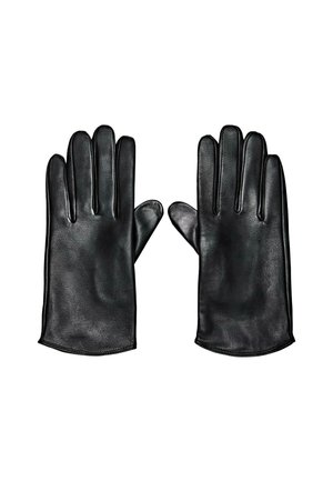 Un paio di guanti in pelle nera distesi in piano con le dita distese, che mostrano il lato anteriore di ciascun guanto su uno sfondo bianco.