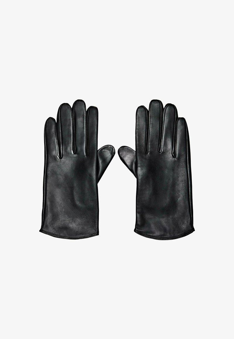 Une paire de gants en cuir noir posée à plat avec les doigts étendus, montrant le devant de chaque gant sur un fond blanc.