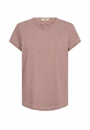 Tricou cu mâneci scurte și gât rotund, cu dungi subțiri orizontale roșii și albe, realizat din material moale, croială casual.