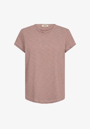 Short-sleeve, round-neck t-shirt with thin horizontal red and white stripes, made from soft fabric, casual fit.