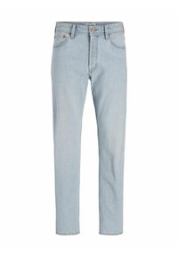 Lys blå denimjeans med rett benklipp, fem-lomme design, metallknapplukking og subtil fading for et slitt utseende.