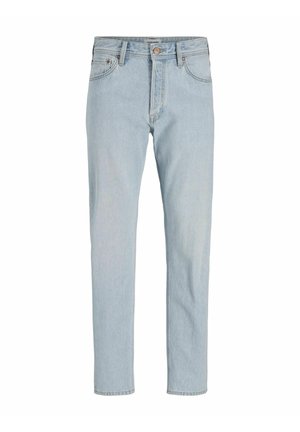 Jean en denim bleu clair avec une coupe droite, design à cinq poches, fermeture à bouton en métal et décoloration subtile pour un aspect usé.