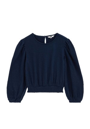 Blouse bleu marine à manches longues, col rond, tissu texturé, taille élastiquée froncée et fermeture par bouton avec fente en forme de clé dans le dos au niveau du col.