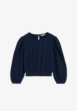 Blouse bleu marine à manches longues, col rond, tissu texturé, taille élastiquée froncée et fermeture par bouton avec fente en forme de clé dans le dos au niveau du col.