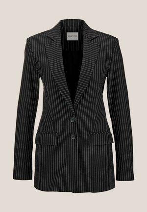 Zwarte colbert met gestreept patroon, met een getailleerde pasvorm, notch-lapels, twee voorkindjes en twee knopen. Gemaakt van textuurstof.