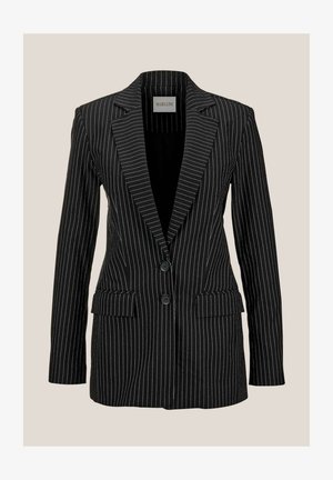 Black pinstriped blazer with a tailored fit, notched lapels, two front pockets, and two buttons. Made of textured fabric.