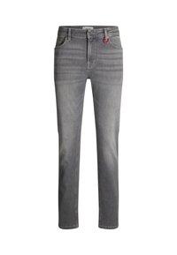 Jeans in denim grigio con una vestibilità slim, caratterizzati da cinque tasche, un anello rosso sul girovita e un leggero effetto sbiadito.