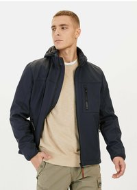 Marineblaue wasserdichte Jacke mit einer Reißverschlusstasche auf der Brust, verstellbarem Kapuze und kontrastierender Innenauskleidung. Verfügt über ein schlankes, modernes Design.