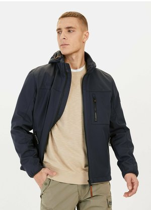Marineblaue wasserdichte Jacke mit einer Reißverschlusstasche auf der Brust, verstellbarem Kapuze und kontrastierender Innenauskleidung. Verfügt über ein schlankes, modernes Design.