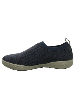 Textured dark navy slip-on shoe with a knitted upper, beige rubber sole, and a pull tab at the heel for easy wear.