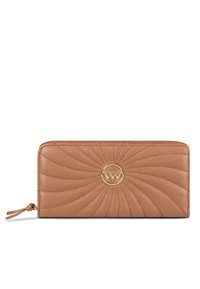 Tan leather wallet with stitched sunburst pattern, gold logo embellishment at center, and a zipper with a small tassel detail.