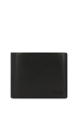 Black leather wallet with a smooth texture and bi-fold design. Features a subtle embossed logo and neat stitching along the edges.