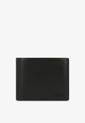 Black leather wallet with a smooth texture and bi-fold design. Features a subtle embossed logo and neat stitching along the edges.