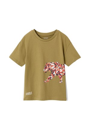 Olive green short-sleeve t-shirt with a geometric multicolor tiger graphic on the front and "Jungle Adventures" text at the bottom.
