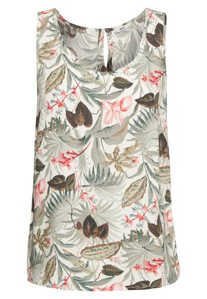 Kwiatowy top bez rękawów na kremowym tle z zielonymi, brązowymi i różowymi wzorami roślinnymi; tył z wycięciem typu keyhole.