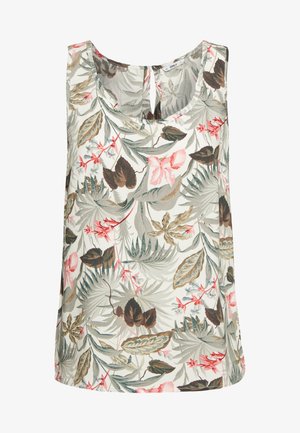 Kwiatowy top bez rękawów na kremowym tle z zielonymi, brązowymi i różowymi wzorami roślinnymi; tył z wycięciem typu keyhole.
