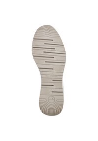 Schuhsohle aus strukturiertem Gummi in hellbeige. Verfügt über horizontale und vertikale Rillen für verbesserten Halt und Traktion. Mit Markenname versehen.