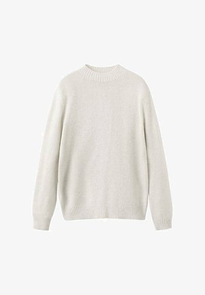 Svetlo sivi pleteni pulover z okroglim izrezom, dolgimi rokavi in rebrastim robom. Mehka tekstura, sproščen kroj, brez vidnih vzorcev ali dodatkov.