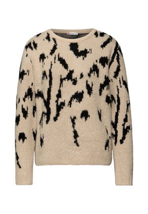 Beige fluffig stickad tröja med abstrakt svart penseldragmönster, långa ärmar och rund halsringning.