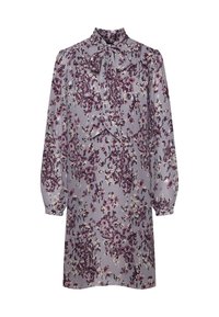 Dlouhý rukáv, lila šaty s květinovým vzorem v purpurové a krémové barvě. Obsahuje vysoký výstřih a mašličku na límci. Lehká tkanina.