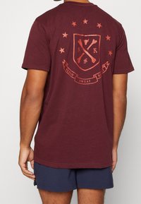 Camiseta de algodón color marrón con un diseño gráfico que presenta un escudo, huesos cruzados y el texto "BLOOD SWEAT REGRET" delante de estrellas. Mangas cortas.