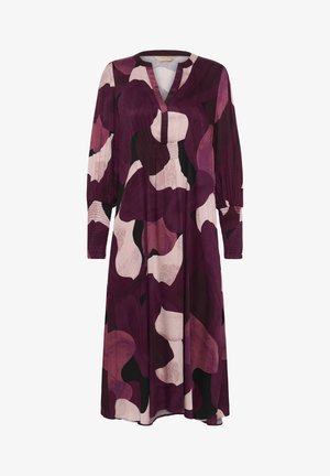 Dolga, vijolična in rožnata cvetna obleka z V-izrezom, dolgimi rokavi in nabrano manšeto; ima tekočo silhueto in mehak teksturo tkanine.