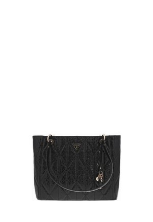 Sac à main matelassé noir Guess avec doubles anses, motif logo et petits charms suspendus sur un côté.